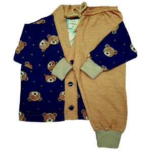 0275 Pijama Algodão Marinho com Urso Marrom e Calça Marrom P